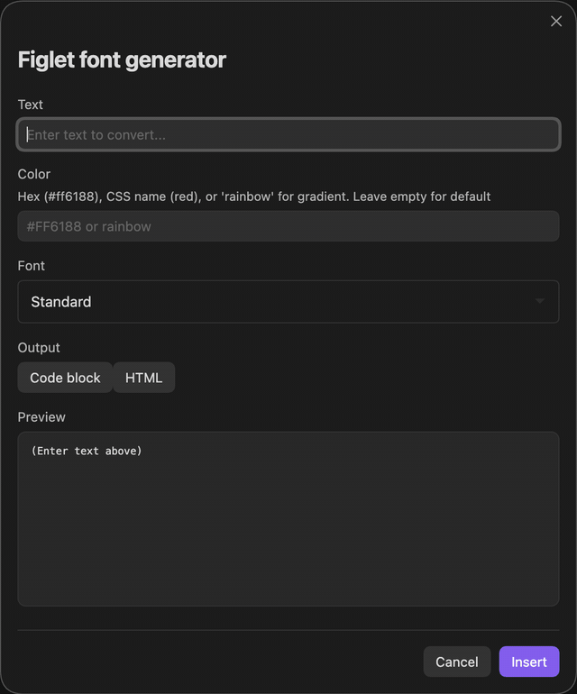 The insert dialog: typing Notes, setting rainbow, and switching fonts with the preview updating