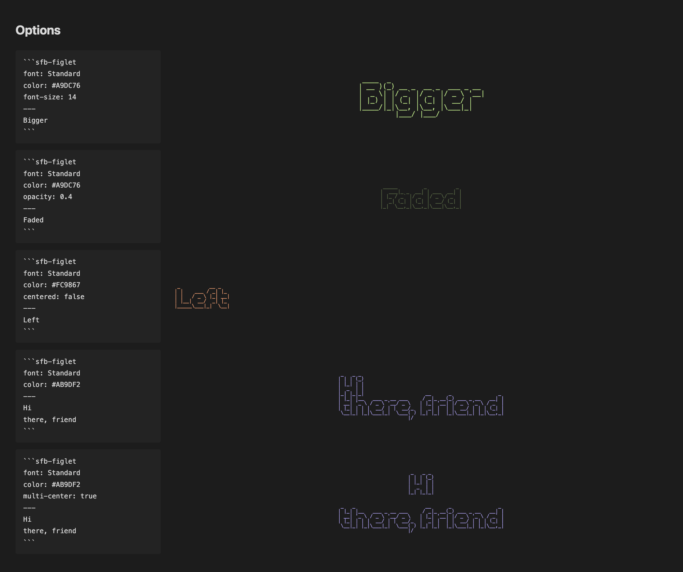 Code blocks showing font-size, opacity, centered: false, and two lines with and without multi-center