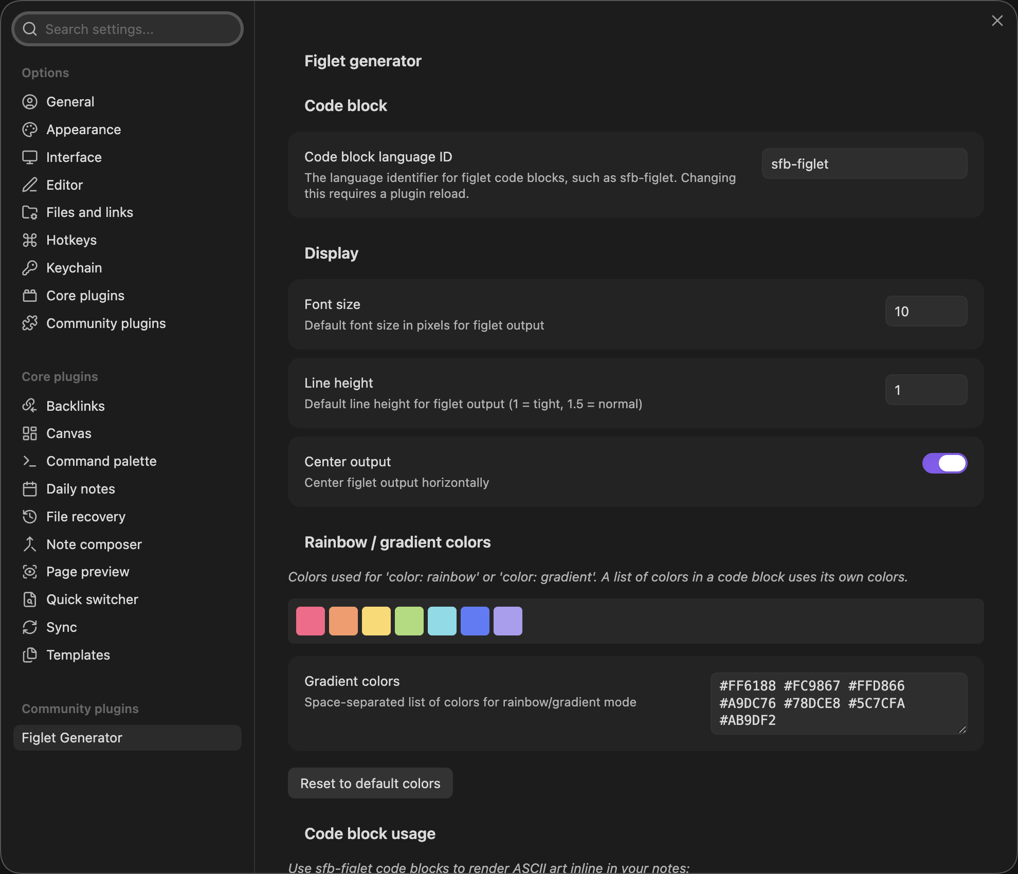 The settings tab: code block language ID, font size, line height, center output, and gradient colors