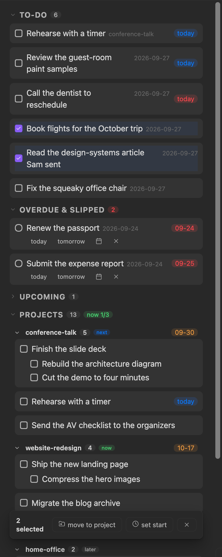 Select mode: two inbox captures selected, with the move-to-project and set-start bar at the panel's foot