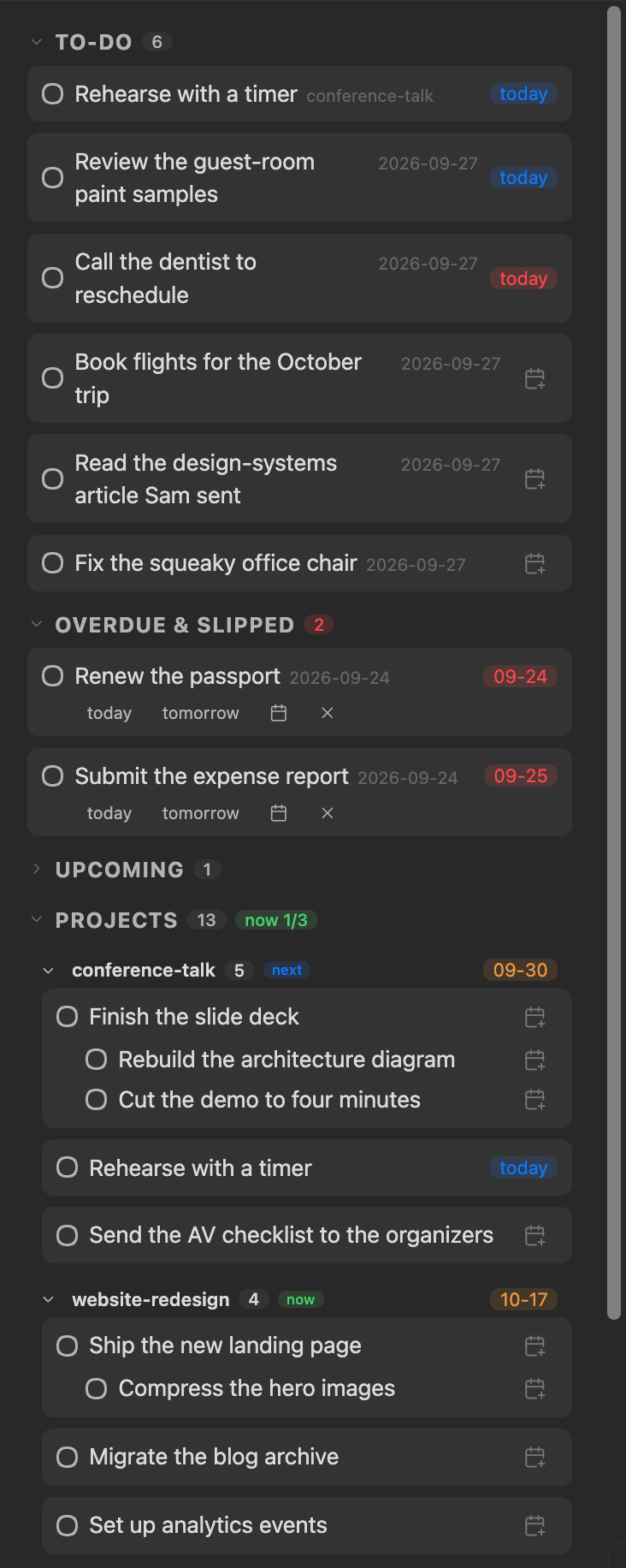 The Daily Task Panel: To-do with today's tasks and inbox captures, the Overdue & slipped repair queue, and the start of the project backlogs