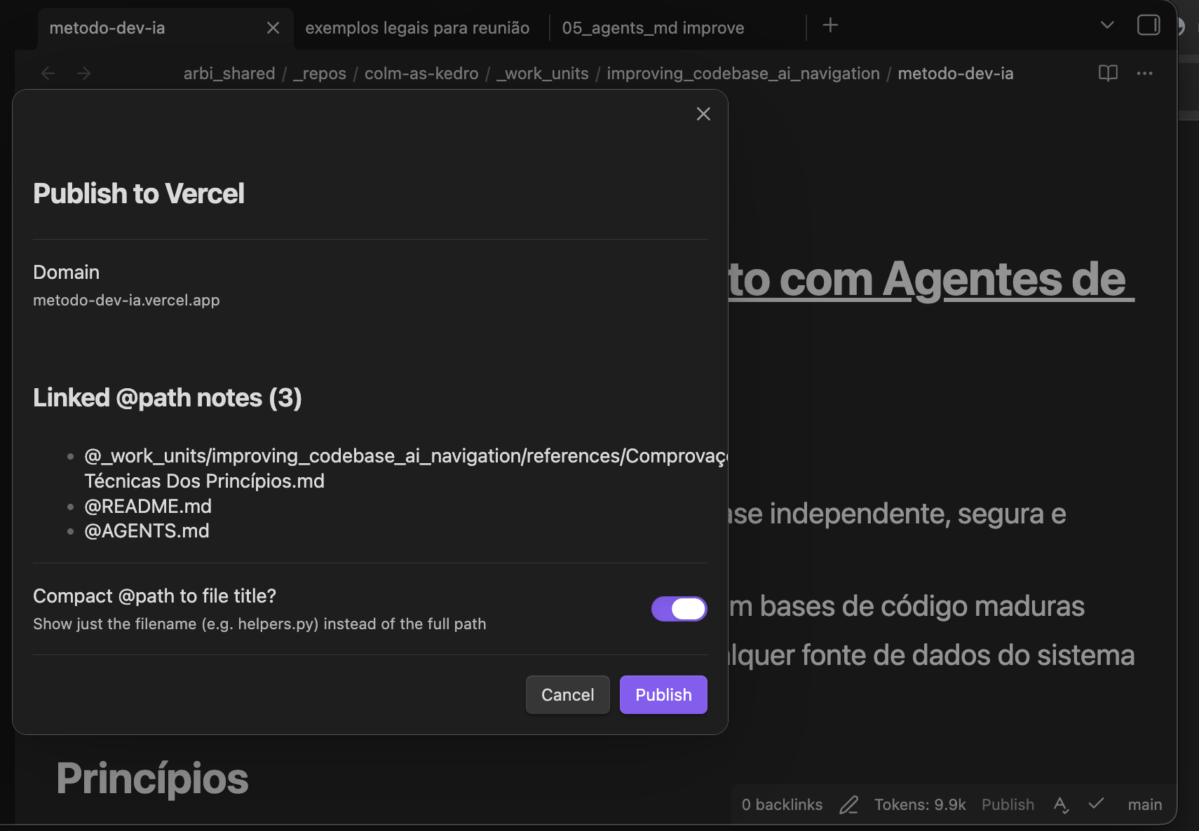 Publish confirmation modal showing domain, linked notes, and compact toggle