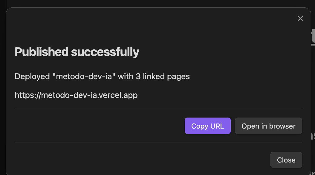 Publish result modal with URL, Copy and Open buttons