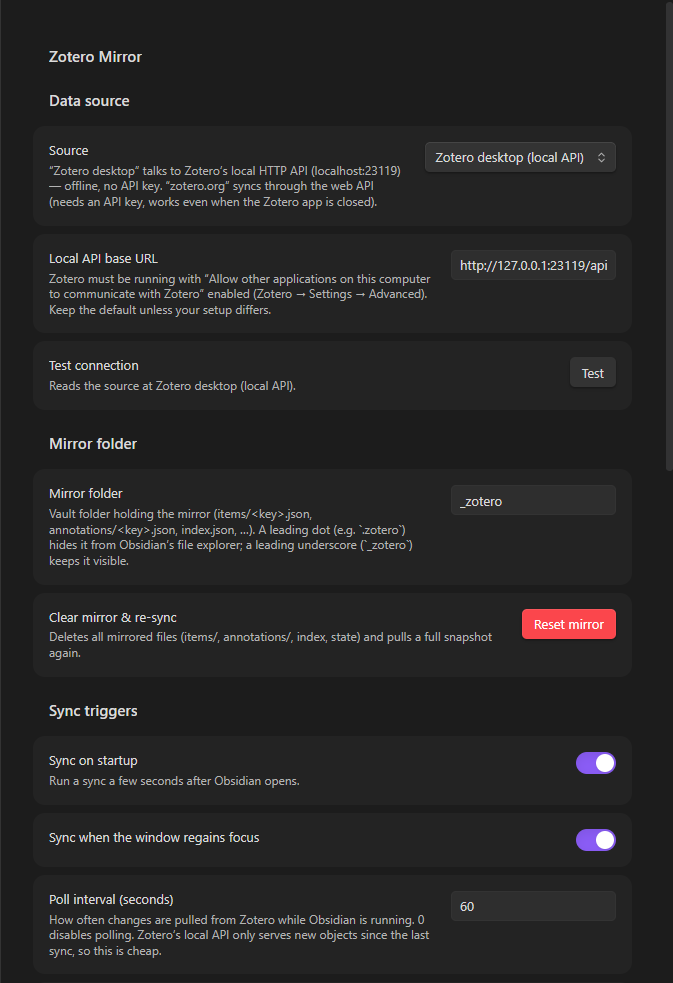 Zotero Vault Sync settings — part 1
