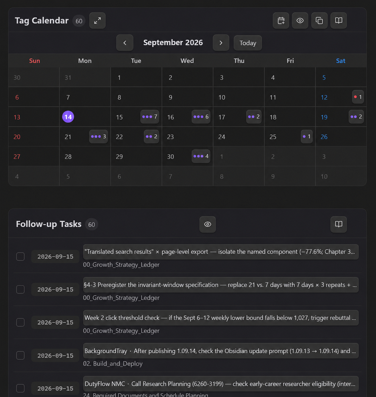 Tag Calendar month view and follow-up list inside Obsidian