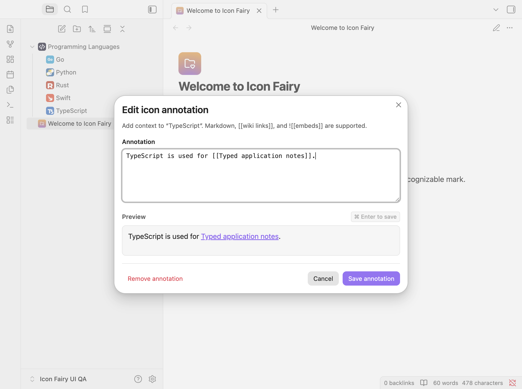 Markdown annotation editor with a wiki-link preview