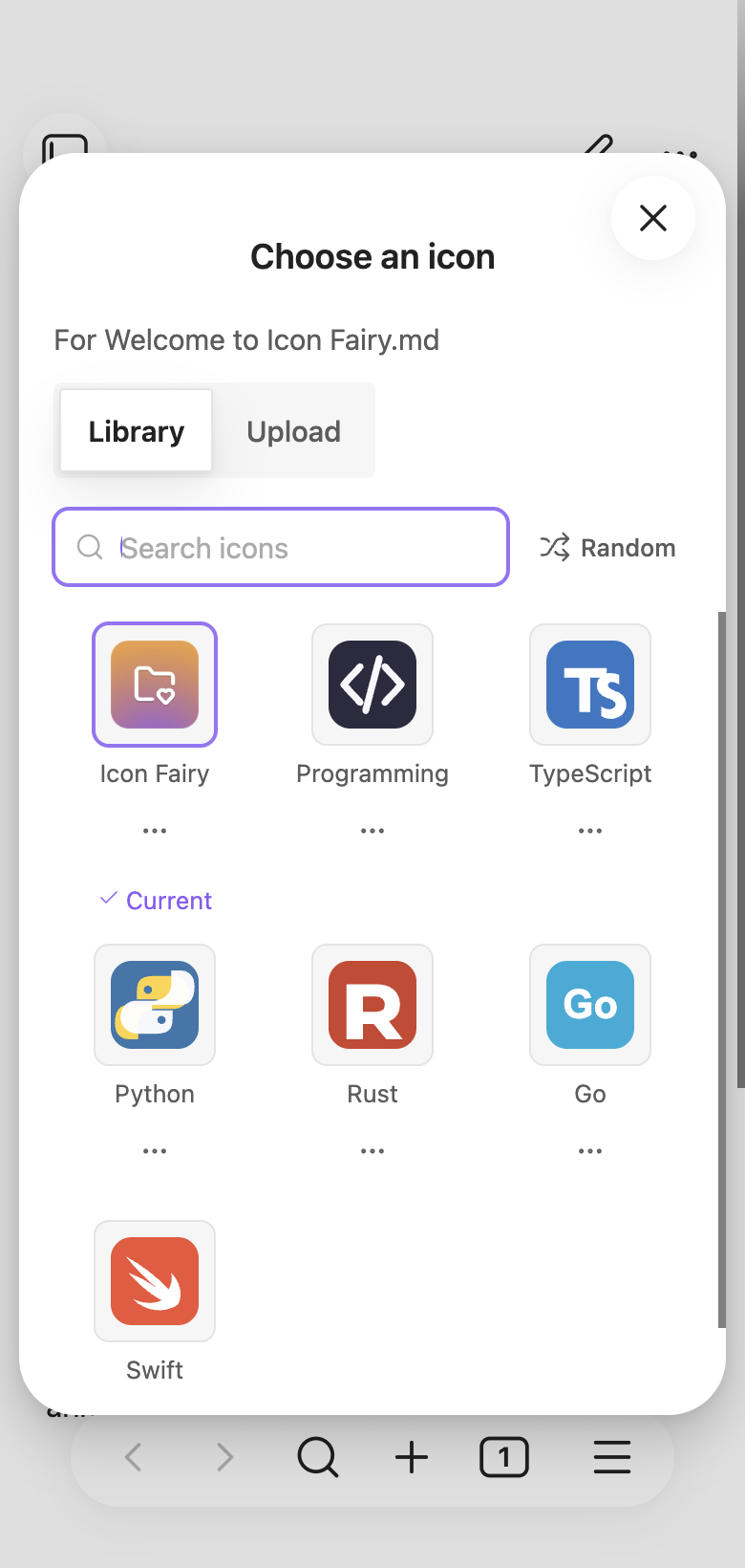 Icon Fairy icon picker and programming-language icons in Obsidian's mobile layout