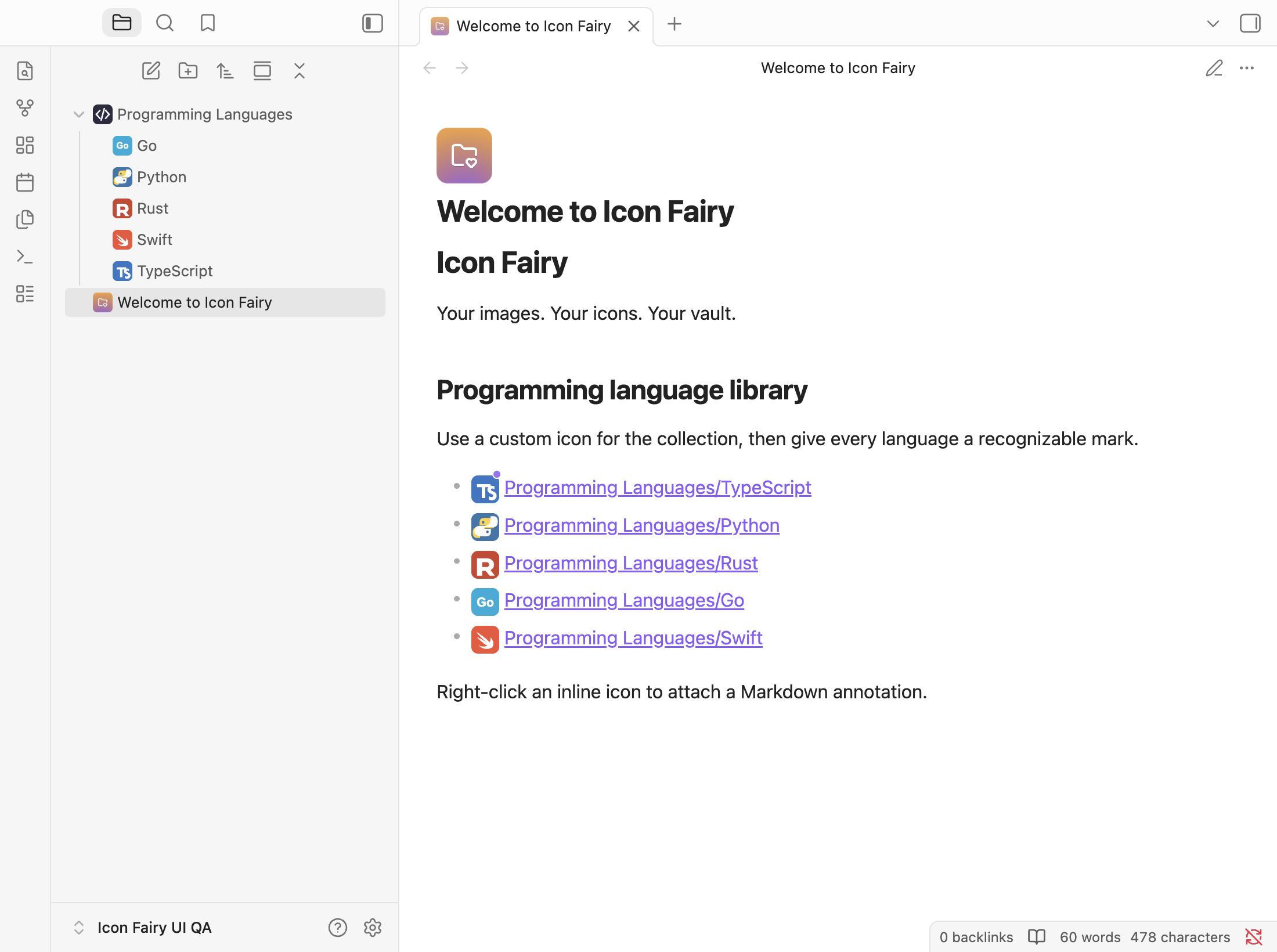 A sample Obsidian vault with a Programming Languages folder and custom icons