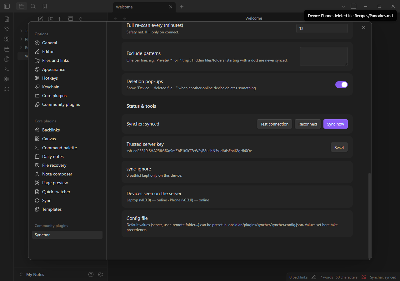 Devices list with each plugin version and a deletion pop-up