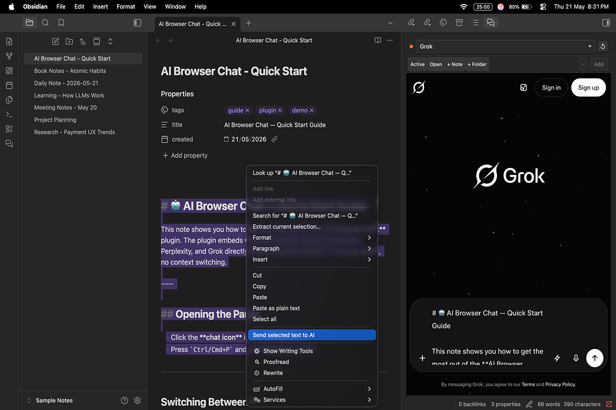 Send selected text from Obsidian to OmniChat
