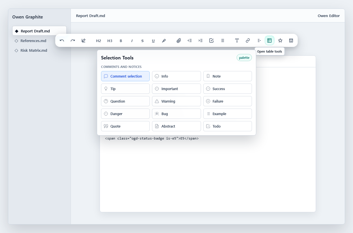 Owen Editor glass toolbar preview