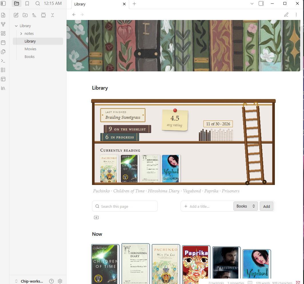 The bookcase desk: last finished, wishlist and in-progress books and a pinned average rating on the top shelf beside the year's goal row, current covers below, and a rolling ladder