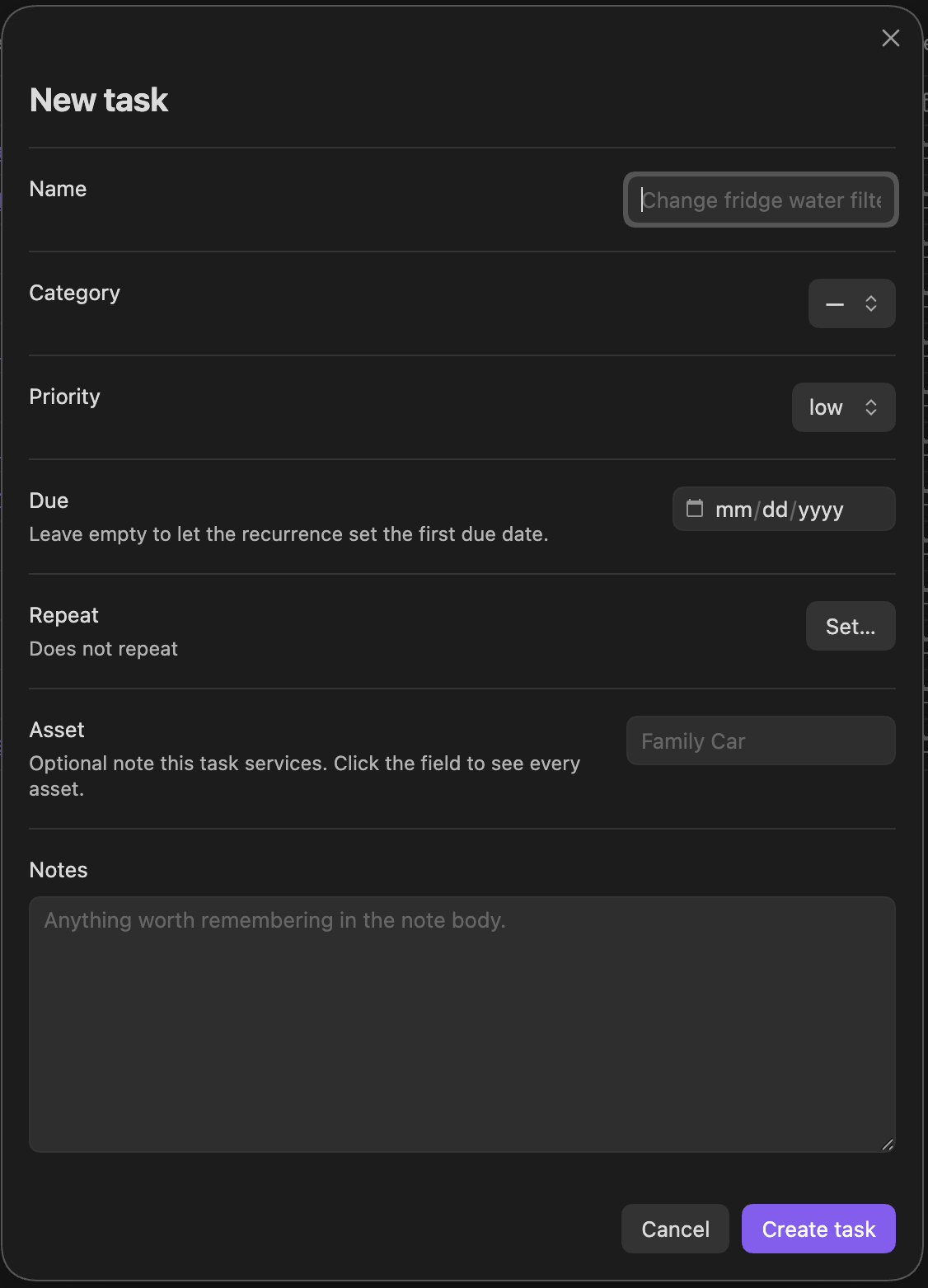 The new task form