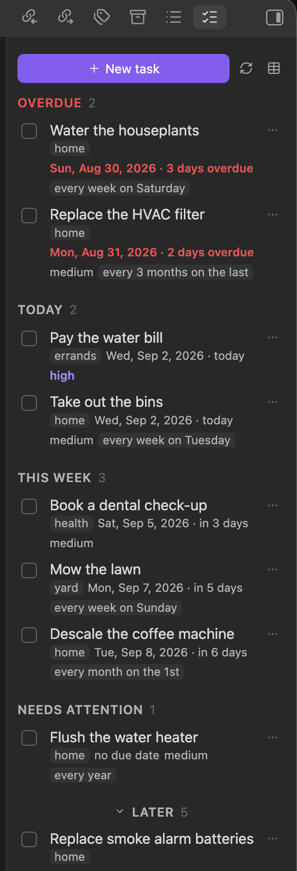 The task pane, showing Overdue, Today, This week, Needs attention and Later sections