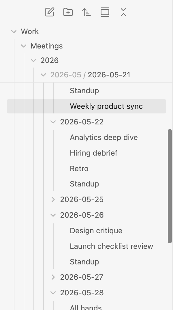 The same position with Sticky Folders: Work, Meetings, 2026 and 2026-05 / 2026-05-21 are pinned at the top