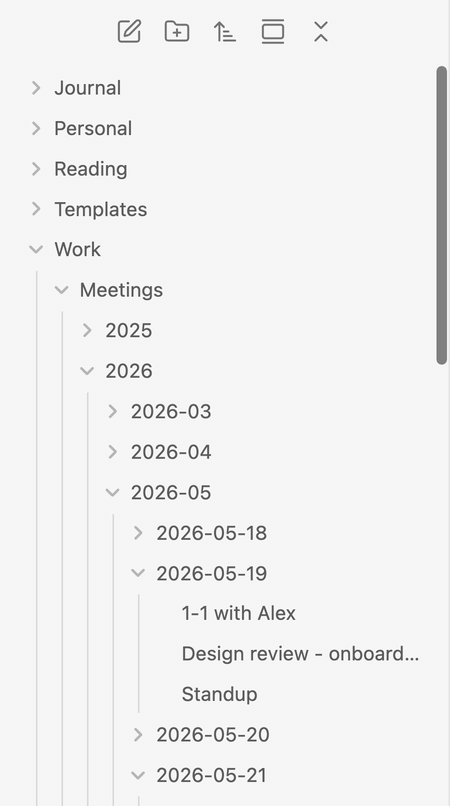 Scrolling a deep folder tree: parent folders stay pinned at the top, deeper levels merge into one row of grey names, hovering an indent guide highlights its folder, and clicking a pinned row collapses that folder in place