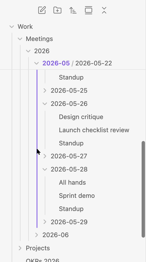 Hovering the indent guide of 2026-05: the guide is highlighted along the whole folder, and 2026-05 is bold in the pinned row