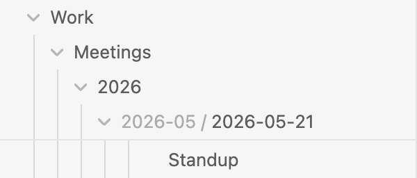 Pinned rows Work, Meetings, 2026, then one row reading 2026-05 / 2026-05-21