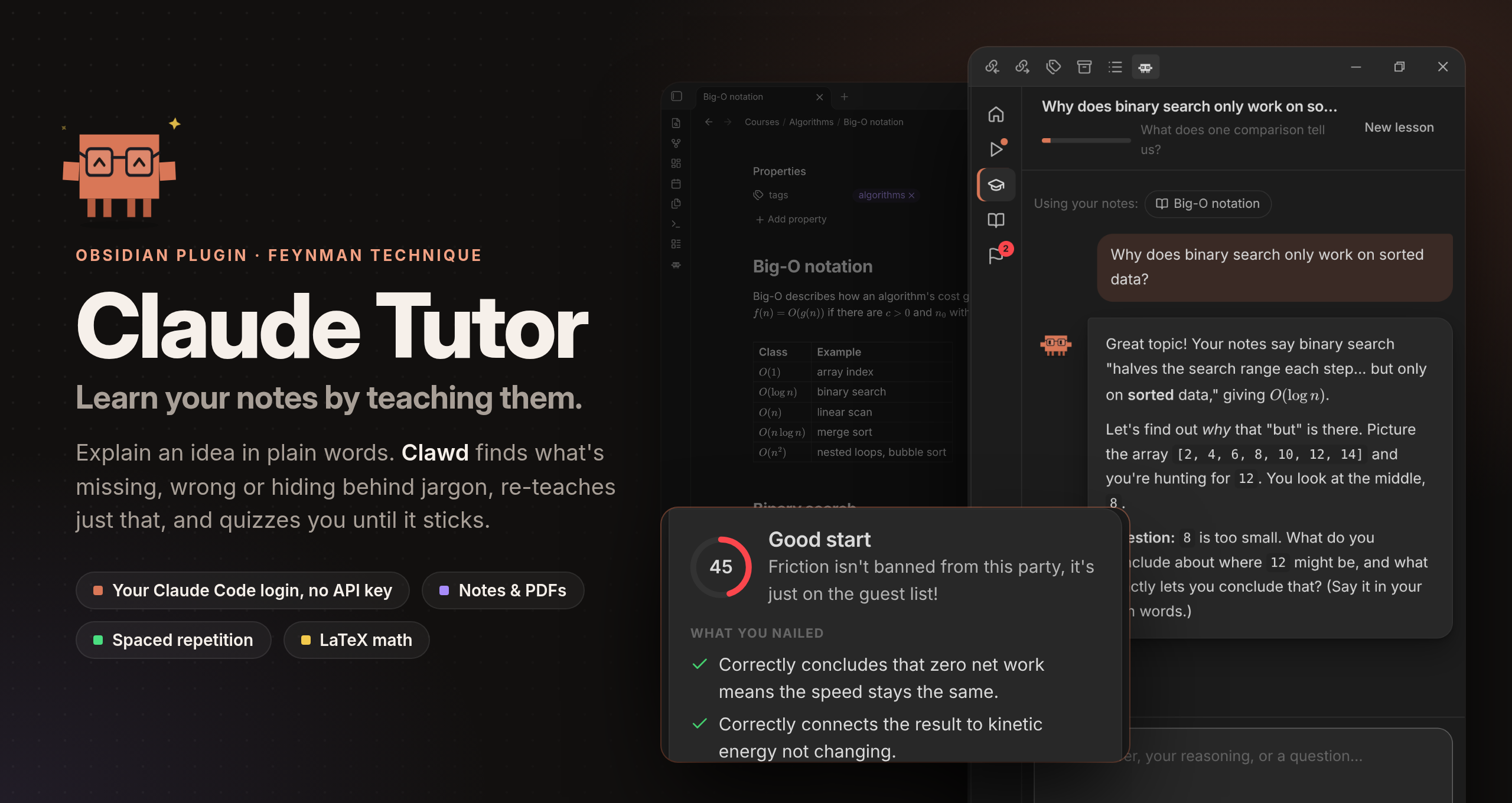 Claude Tutor: learn your notes by teaching them. Clawd scores your explanation and teaches from your notes in Obsidian's sidebar.