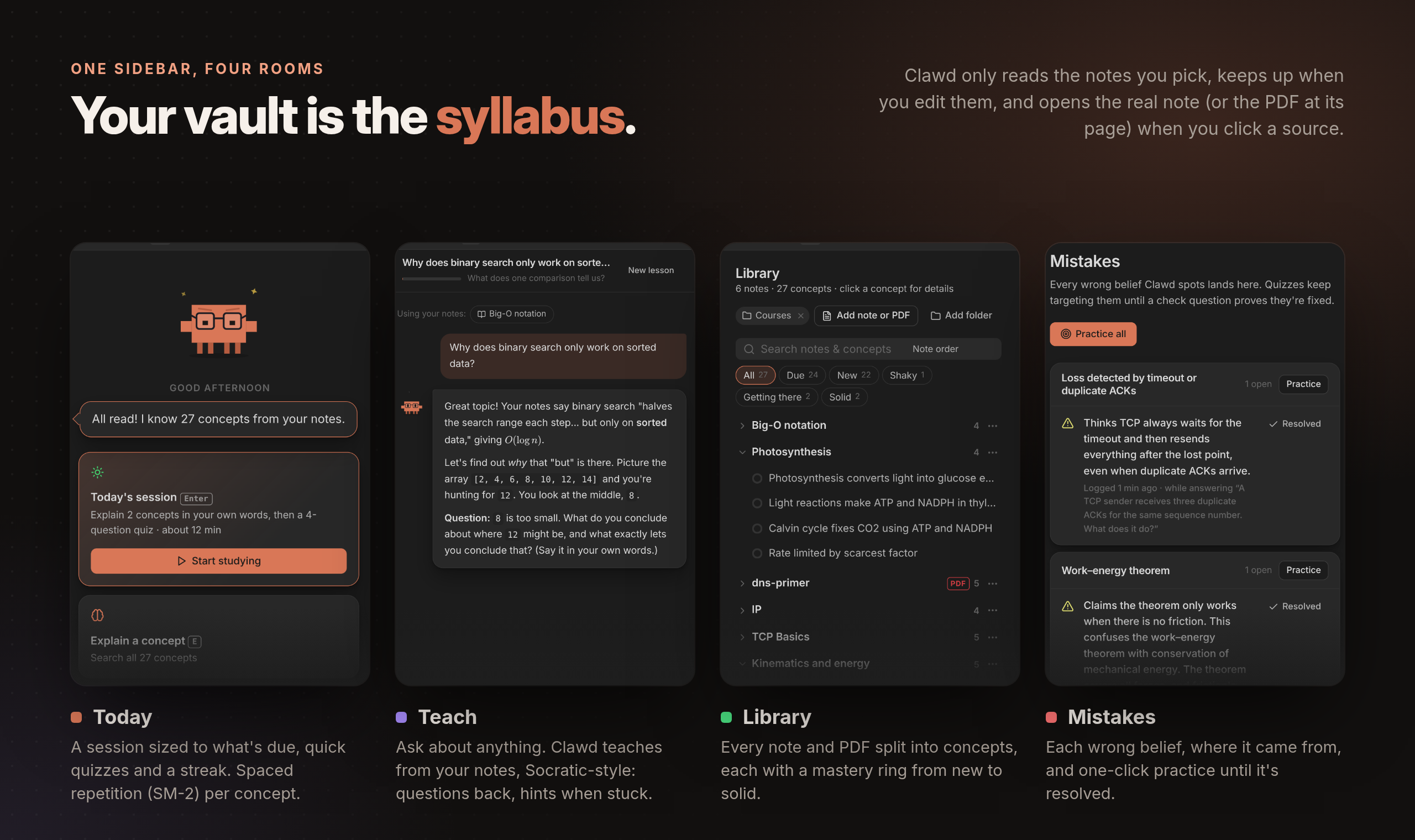 The sidebar: Today, Teach, Library and Mistakes views.