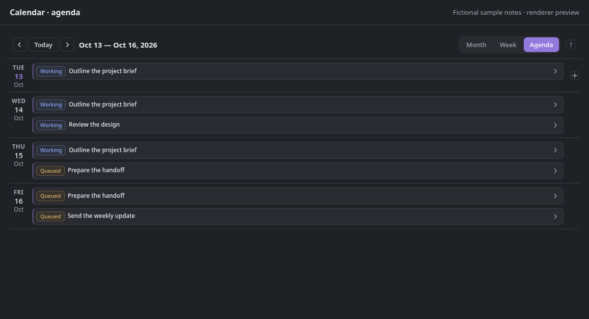 Agenda with dated tasks and status pills