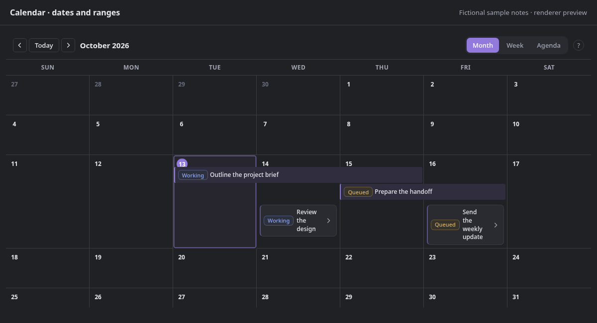 Month calendar with colored status pills and a multi-day event