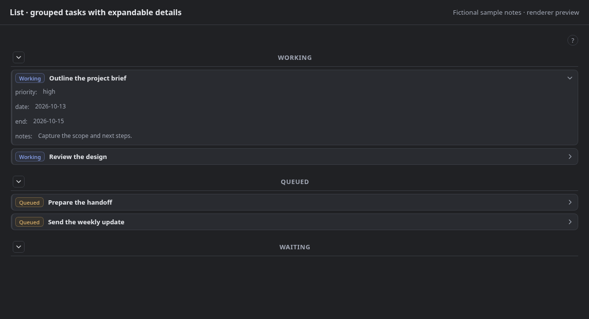 Grouped task list with one card’s properties expanded