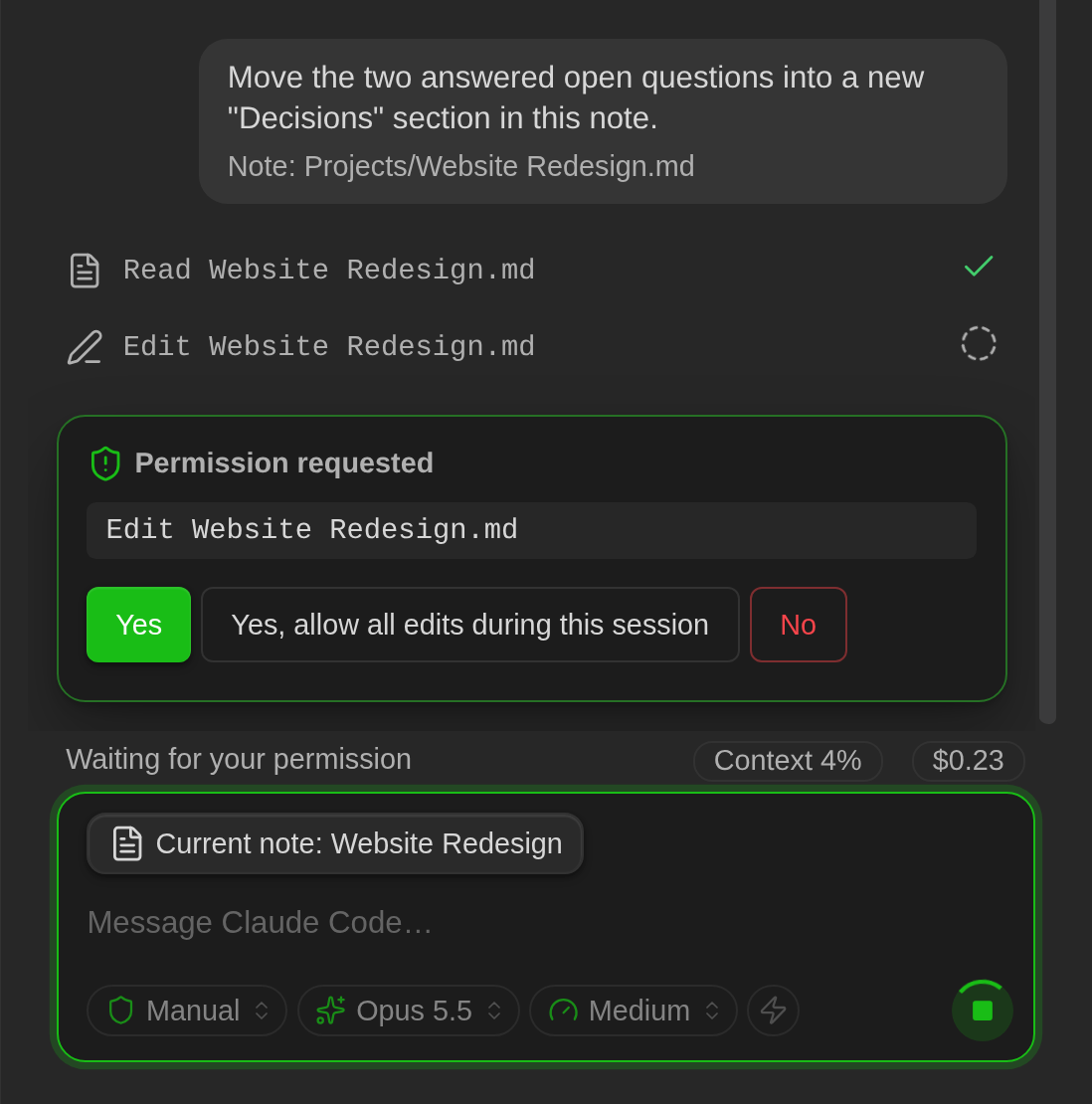 A pending permission card for editing a note, with Yes, allow all edits, and No buttons