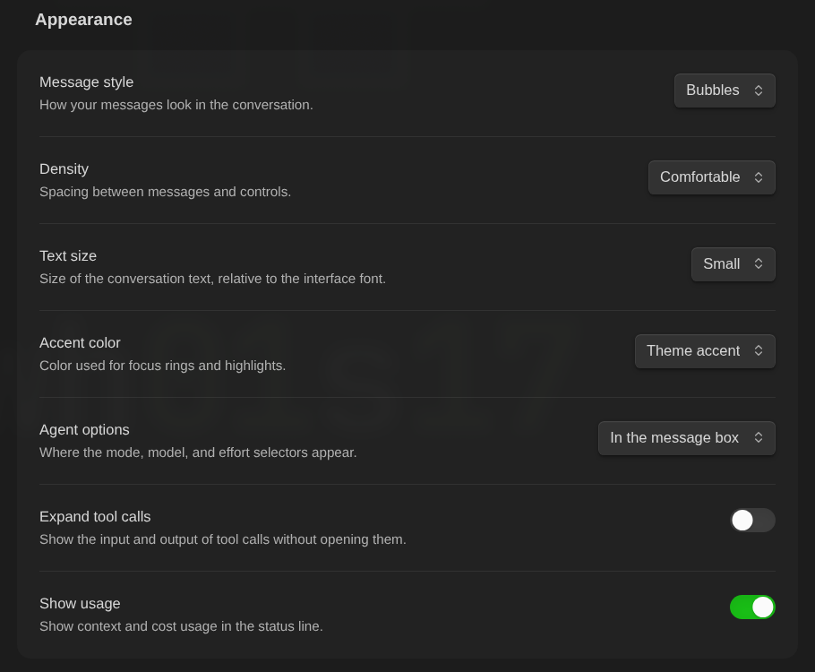 Message style, density, text size, accent color, agent options placement, tool calls, and usage settings