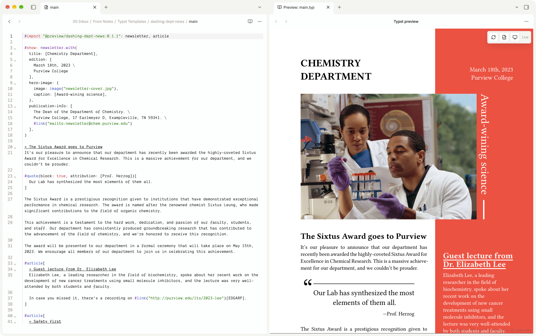 A newsletter built with a Typst package open in Obsidian, showing a magazine layout with a photograph, a pull quote, and a coloured sidebar rendered live in the preview pane.