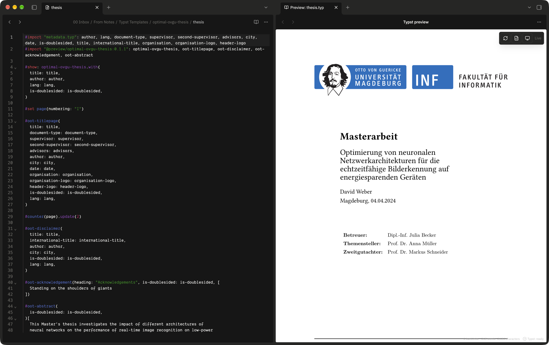A Typst thesis open in Obsidian: the source with syntax highlighting on the left, and the rendered title page, complete with university logos, in a preview pane on the right.