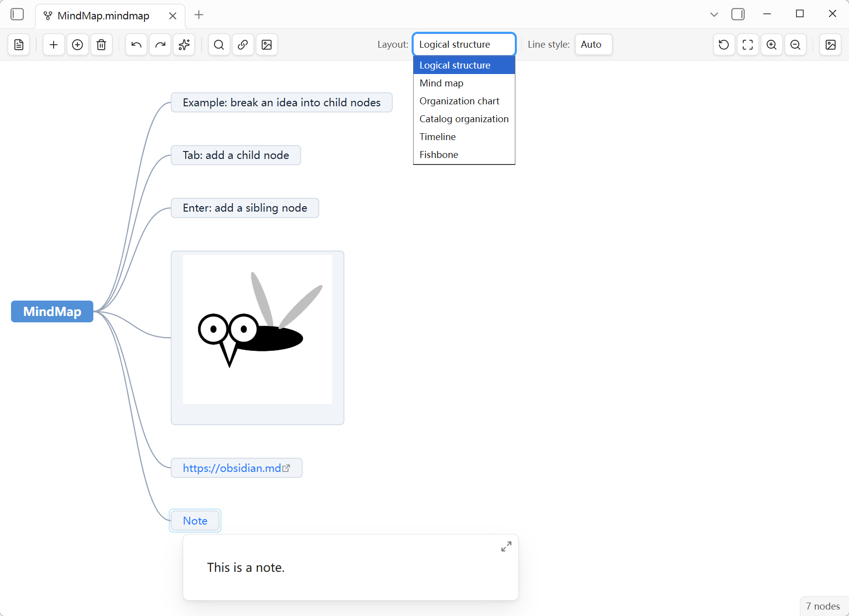 A note declared as a mind map, shown as a mind map in Obsidian