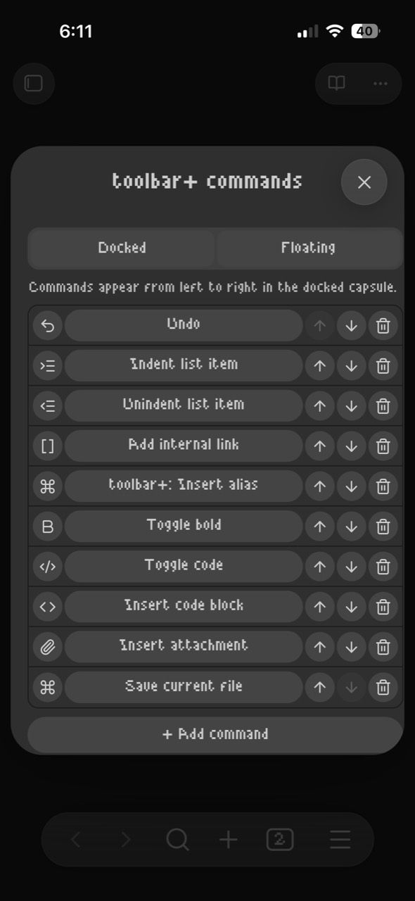 Toolbar+ docked command editor with controls to change, reorder, remove, and add commands.