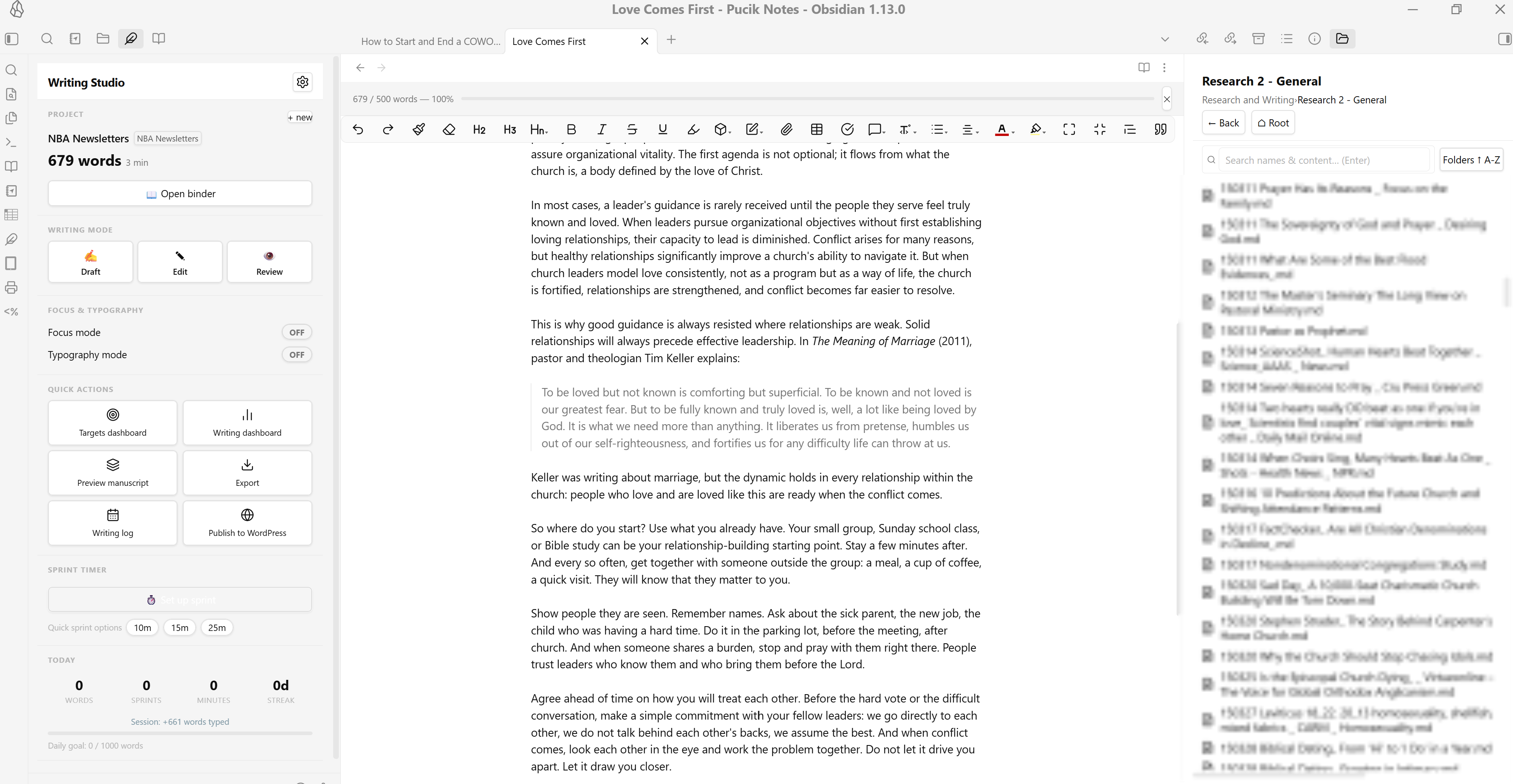Writing Studio with the Launcher panel open on the left, an active draft in the center, and the Folder Sidebar Explorer open to a research folder on the right