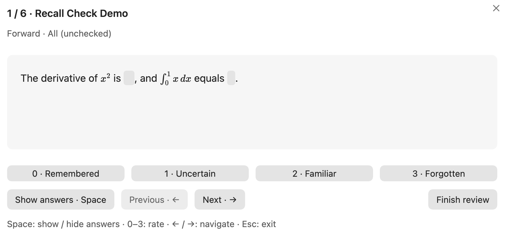 Recall Check reviewing a question with hidden math answers