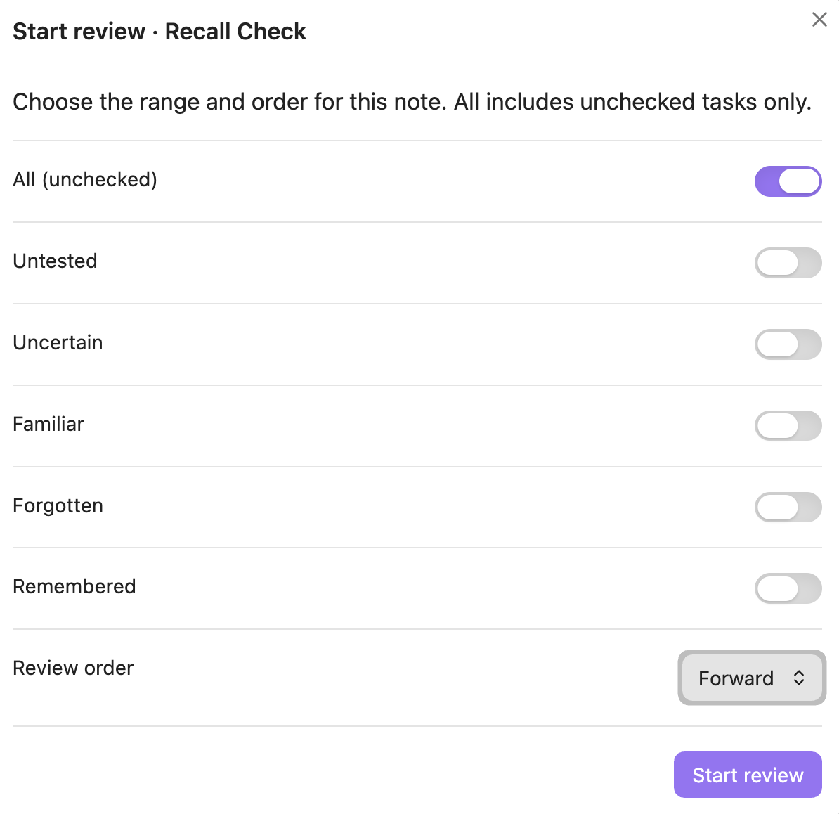 Choose review filters and order before starting