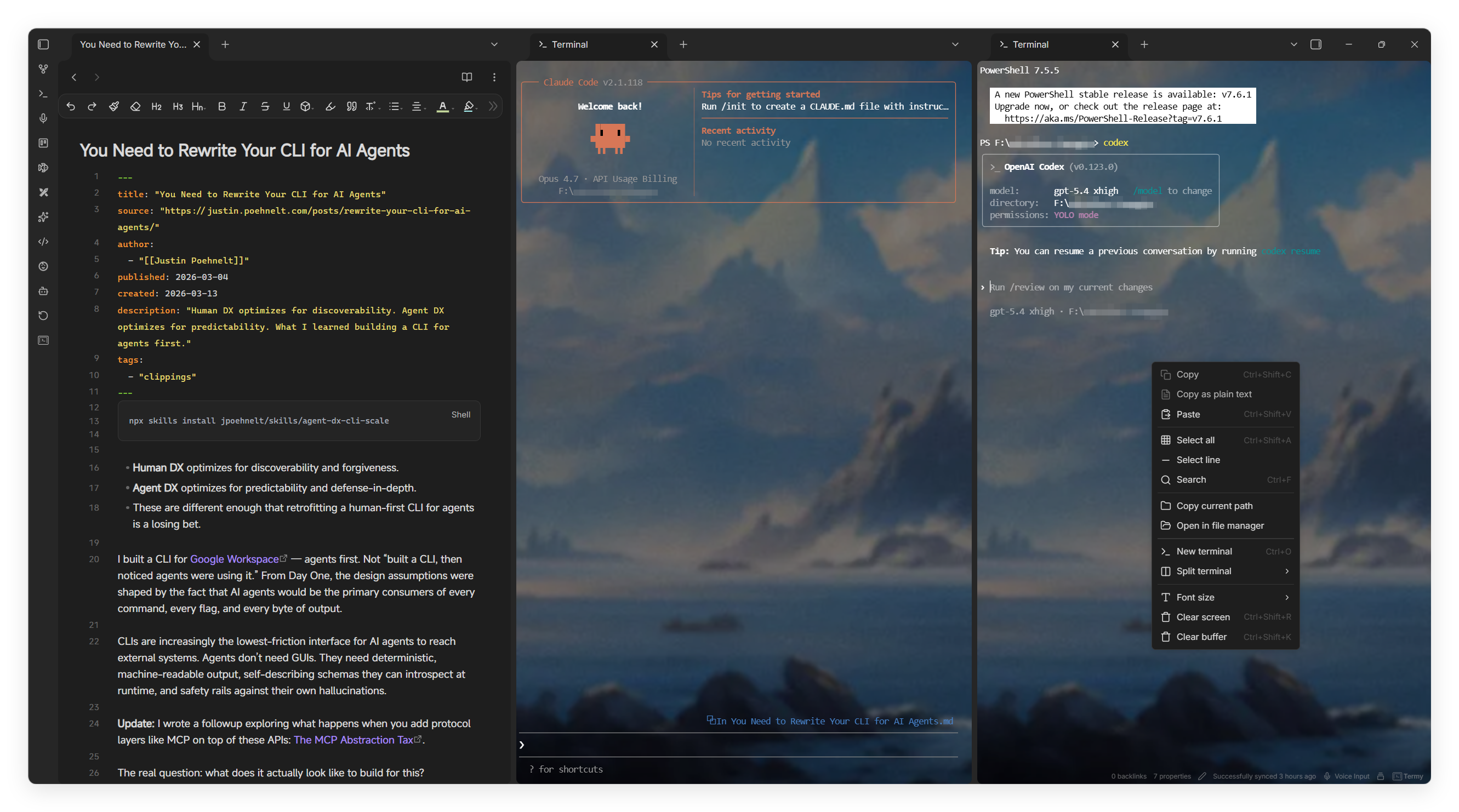 Termy main workspace preview with Obsidian, Codex CLI, OpenCode, and Claude Code